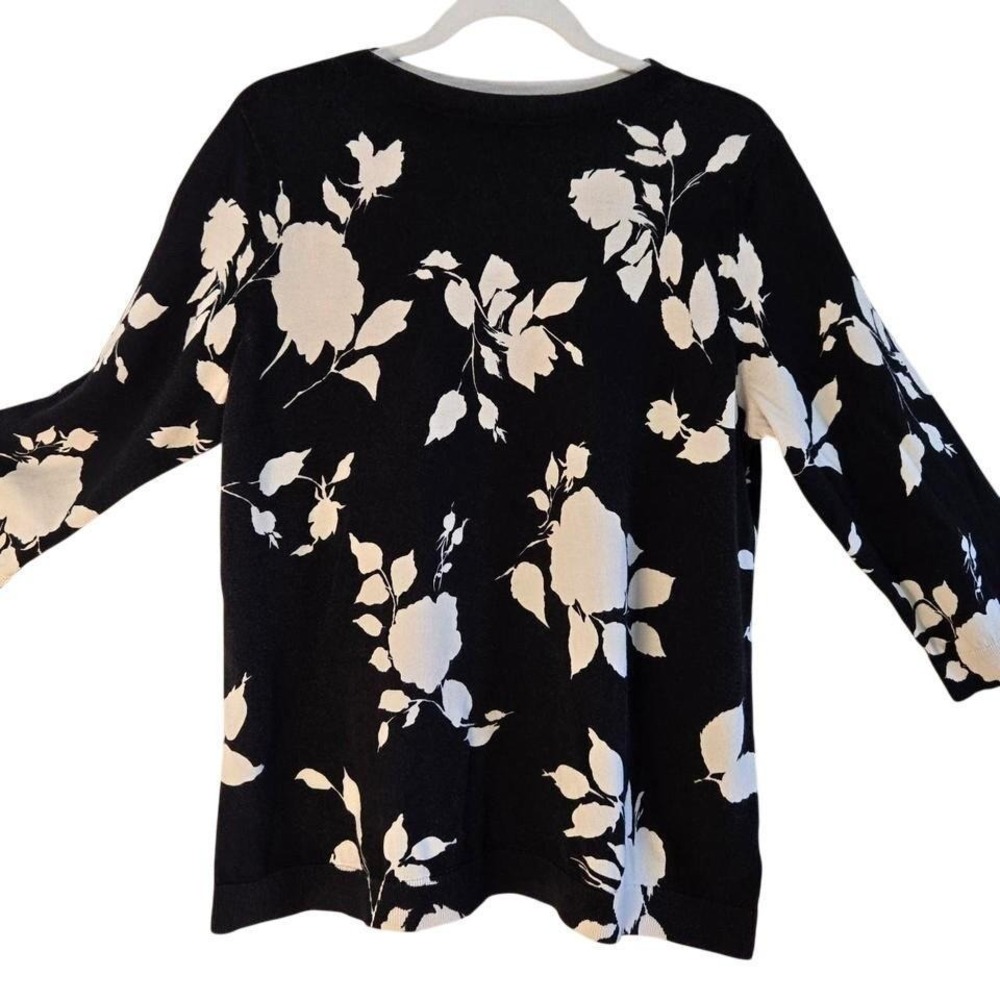 Talbots Woman Black White Floral Rose Print Sweater 3/4 Sleeve Cotton Blend 1X
